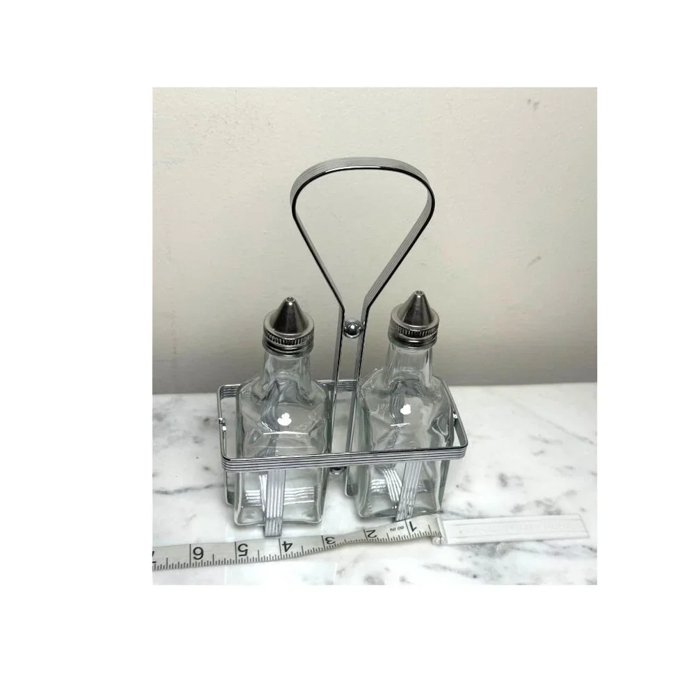 Vintage Oil & Vinegar Cruet Set with Metal Rack Glass Bottles Mid-Century Modern - Picture 6 of 7